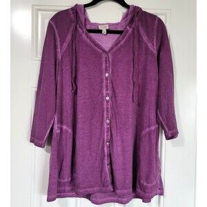 LOGO Lori Goldstein Purple Button Front Hoodie Top Size L Tunic Lagenlook Pocket
